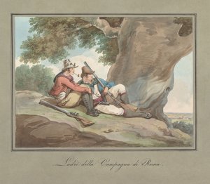 Briganten ruhen in der Campagna, Illustration für römische Kostüme und Bräuche von Bartolomeo Pinelli