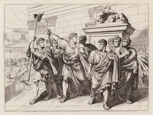 Brutus und seine Mitverschwörer verlassen den Senat nach der Ermordung von Julius Caesar, 44 v. Chr.