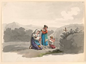 Frau mit einem Baby betet vor dem Kreuz, das den Ort markiert, an dem ihr Mann getötet wurde, 1807–08
