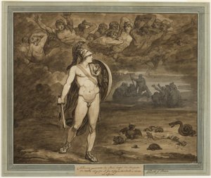 Telemachus, der glaubt, dass sein Vater, Odysseus, tot ist, sucht ihn in der Unterwelt, aus Die Abenteuer des Telemachus, Buch 18