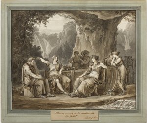 Telemach erzählt der Göttin Kalypso von seinen Abenteuern, aus Die Abenteuer des Telemach, Buch 1 von Bartolomeo Pinelli
