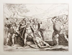 Valerio Corvo, der einen gallischen Soldaten von gigantischer Statur im Duell getötet hat, während er ihn ausziehen will, können sich die Gallier nicht zurückhalten und laufen, um ihn zu rächen, aber sie werden von den Römern vollständig besiegt von Bartolomeo Pinelli