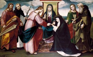 Die mystische Hochzeit der Heiligen Katharina von Siena mit Christus und den Heiligen Johannes der Täufer, Antonius Abt, Dominikus, König David und die Jungfrau Maria, ca. 1517