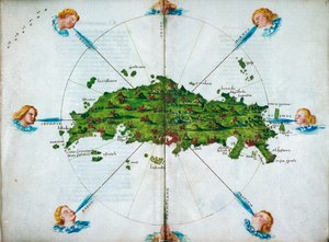 Isolario, in Versen, mit farbigen Zeichnungen und einer Karte des östlichen Mittelmeers auf Pergament, ca. 1480 von Bartolomeo da li Sonetti