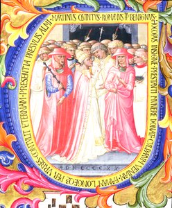 Ms 557 f.61v Historisierte Initiale U, die Papst Martin V. darstellt, wie er die Kirche Sant. Egidio weiht, aus einem Antiphonar von San Marco e Cenacoli (Detail) von Bartolomeo di Frusino
