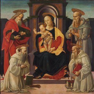 Die Madonna und das Kind auf dem Thron mit den Heiligen Johannes dem Evangelisten und Hieronymus und zwei Benediktinerheiligen