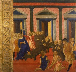 San Bernardino exorziert eine besessene Frau, von Neroccio di Bartolomeo (1447-1500), Gemälde, Palazzo Pubblico, Siena, Italien