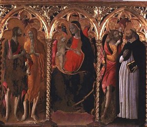 Triptychon: Madonna und Kind (Mittelteil) mit St. Johannes dem Täufer, St. Maria Magdalena, St. Christophorus und St. Dominikus von Bartolomeo di Tommaso da Foligno