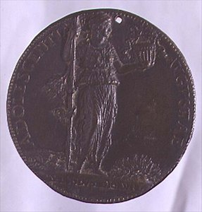 Porträtmedaille mit einer weiblichen Figur, die einen Stab hält (Bronze)
