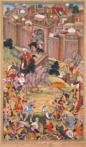 Die Belagerung von Arbela in der Ära von Hulagu Khan, Seite aus einem Chingiz-nama (Buch von Chingiz Khan) des Jami al-tavarikh (Chronikensammlung) von Rashid al-Din (Persisch, 1247–1318) von Basavana