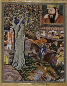 Mahlaj zeigt seine Fertigkeit Zumurrud Shah und durchbohrt einen Baum (aus dem Hamzanama, Band 11)