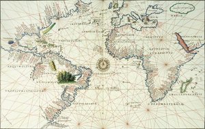 Eine doppelseitige Karte des Atlantischen Ozeans, die die Ostküste von Nord- und Südamerika zeigt, 1544 von Battista Agnese