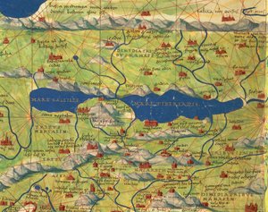 Heiliges Land, Israel und Palästina: See Genezareth und Stadt Tiberias, aus dem Atlas der Welt in dreiunddreißig Karten, von Battista Agnese von Battista Agnese