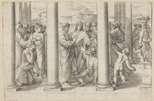 Der heilige Petrus und Johannes heilen einen Gelähmten in einem Tempel von Battista Franco
