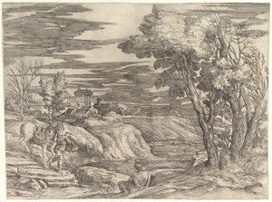Landschaft mit einem Reiter und seinem Stallburschen, ca. 1552-61 von Battista Franco Veneziano