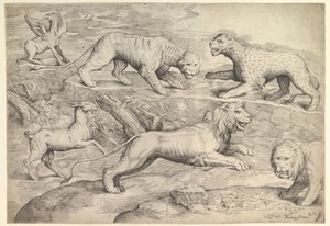 Sechs Tiere, darunter Löwen, ein Tiger, ein Leopard, ein Greif und eine Ziege, ca. 1530-61