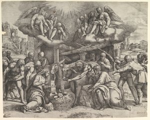 Die Anbetung der Hirten mit Engeln darüber von Battista Franco Veneziano