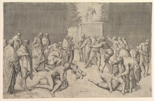 Die Philister stellen die Bundeslade in den Tempel Dagons, ca. 1540