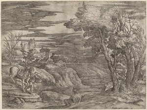 Landschaft mit einem Mann, der ein Pferd führt von Battista Franco after Titian
