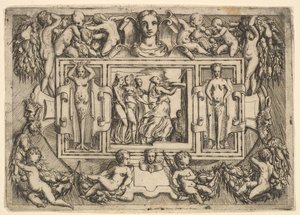Die Kumeäische Sibylle geht nach rechts und trägt ein Tablett, gefolgt von drei Frauen von Battista del Moro
