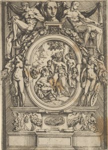 Das Urteil des Paris, ein Mann sitzt links und streckt die Hand zu einer Frau aus, die von ... flankiert wird, ca. 1540-80