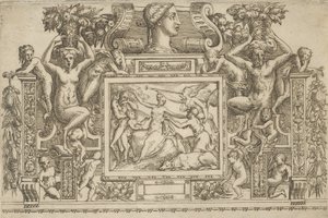 Frau sitzt mit ausgestreckten Armen, Personifikation des Ruhms mit Trompete rechts..., ca. 1540-80 von Battista del Moro