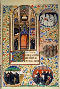 Szene des klösterlichen Lebens. In den Medaillons, von oben nach unten, die Karmeliten, Franziskaner, Dominikaner, Augustiner (links). Miniatur aus „Stundenbuch nach dem Gebrauch von Paris“ illuminiert von der Werkstatt des Meisters von Bedford. 1450. Pari
