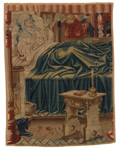 Beatrix Soetkens im Bett, aus der ersten Szene im ersten Wandteppich eines Satzes von vier, die die 