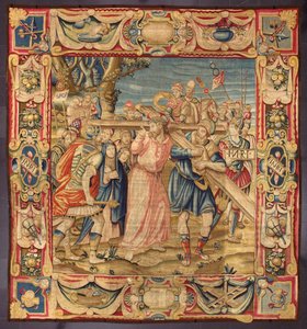 Christus und Simon von Kyrene. (Fünfte Station des Kreuzwegs). Ein Stück des Kreuzes trägt die Inschrift I.N.R.I. Wandteppich aus den Manufakturen von Brüssel. 16. Jahrhundert Genua, Musei di Strada Nuova