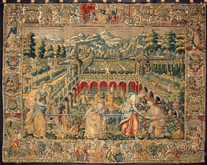 Obsternte-Szene. Wandteppich aus den Manufakturen von Brüssel. 16. Jahrhundert Genua, Musei di Strada Nuova