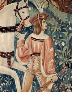 Mittelalter: der Beginn der Falkenjagd zu Pferd. Detail einer Seiden- und Wolltapisserie aus dem frühen 16. Jahrhundert. Aus Hainaut. Paris, Nationalmuseum des Mittelalters, Thermes de Cluny von Belgian School