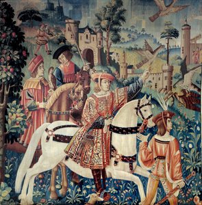 Mittelalter: der Beginn der Falkenjagd zu Pferd. Seiden- und Wolltapisserie aus dem frühen 16. Jahrhundert. Aus Hainaut. Paris, Nationalmuseum des Mittelalters, Thermes de Cluny