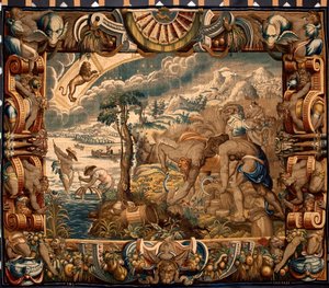 Monat August: „Die Ernte“ Wandteppich von Jan Raes (aktiv um 1610-1631) hergestellt in den Manufakturen von Brüssel. 17. Jahrhundert Genua, Musei di Strada Nuova