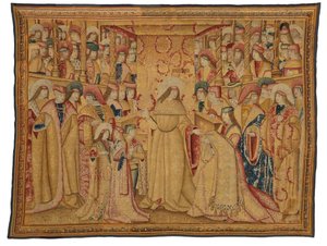 Wandteppich, Jonathan Makkabäus erhält ein Purpurgewand, hergestellt in Brüssel, Belgien, um 1490-1500 (Wolle & Seide)