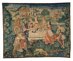 Wandteppich, der ein Bankett im Freien darstellt, oder Ein Essen im Freien im Garten der Liebe, aus Tournai, ca. 1510