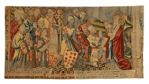 Wandteppichfragmente aus einem Wandteppich, der die Sieben Sakramente darstellt, hergestellt in Tournai, Belgien von Belgian School
