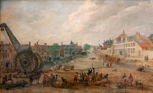 Ansicht von Gent Lievekaai und Augustijnenkaai mit einem Holzkraan, Kopie eines Gemäldes aus dem 18. Jahrhundert von Engelbert van Siclers von Belgian School