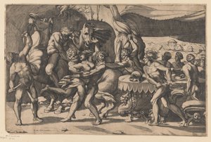 Raub einer Frau durch Mann und Satyr