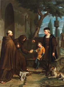 Kolumbus an den Türen des Klosters Santa Maria de la Rabida bittet um Brot und Wasser für seinen Sohn, 1858 von Benito Mercade y Fabregas