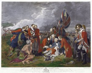 Tod von General Wolfe nach einem Gemälde von Benjamin West. James Wolfe (1727-1759), britischer Armeekommandant, tödlich verwundet beim Sieg über die Franzosen in der Schlacht auf den Ebenen von Abraham, Quebec. Siebenjähriger Krieg Kanada Frankreich von Benjamin (after) West