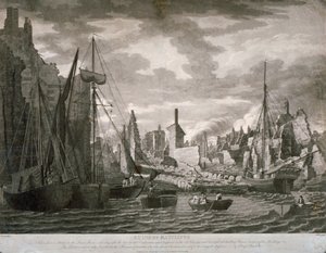Ansicht des Ratcliffe-Gebiets, London, zeigt die Ruinen nach dem Brand vom 23. Juli 1794