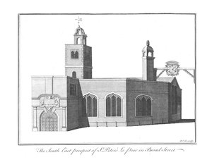 Die Südostansicht von St. Peters Le Poor in Broad Street, um 1756