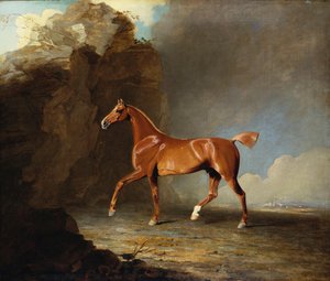 Ein goldbraunes Rennpferd bei einer Felsformation, 1800