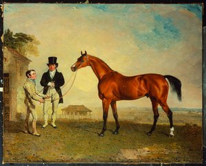 "Skiff", ein braunes Rennpferd, gehalten von einem Stallburschen auf Newmarket Heath, mit John Howe, dem Besitzer der Ställe, an seiner Seite, 1829 von Benjamin Marshall