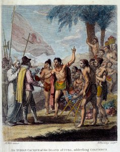 Ein indianischer Kazike von der Insel Kuba begrüßt Christoph Kolumbus und europäische Vertreter