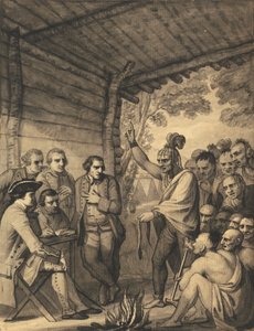Die Indianer halten eine Rede vor Colonel Bouquet in einer Konferenz am Lagerfeuer in der Nähe seines Lagers am Ufer des Muskingum in Amerika, im Oktober 1764, 1765 von Benjamin West