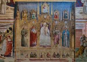 Ein falsches Polyptychon mit der Jungfrau Maria und dem Kind, St. Antonius von Padua, St. Hieronymus, St. Johannes und St. Ludwig von Toulouse, Kapelle des St. Hieronymus von Benozzo di Lese di Sandro Gozzoli