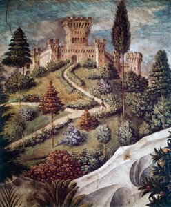 Schloss, Landschaftsdetail aus der Prozession der Heiligen Drei Könige von Benozzo di Lese di Sandro Gozzoli