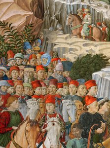 Gesichter in der Prozession, einschließlich eines Selbstporträts von Gozzoli (trägt eine rote Kappe mit der goldenen Inschrift: Opus Benotii), (Detail)
