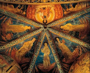 Montefalco, Gewölbe der Apsis der Kirche des Heiligen Franziskus mit Heiligen bemalt von Benozzo di Lese di Sandro Gozzoli